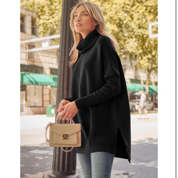 Black Turtleneck Sweater Oversized Split Hem Comfy Cozy Pullover Fall Winter XL - Picture 3 of 11